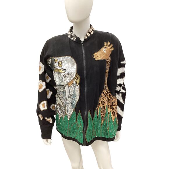 Vintage Modi Denim Jacket Women’s Size XL Sequin Design Lions Tigers& Bears Rare - Picture 1 of 7